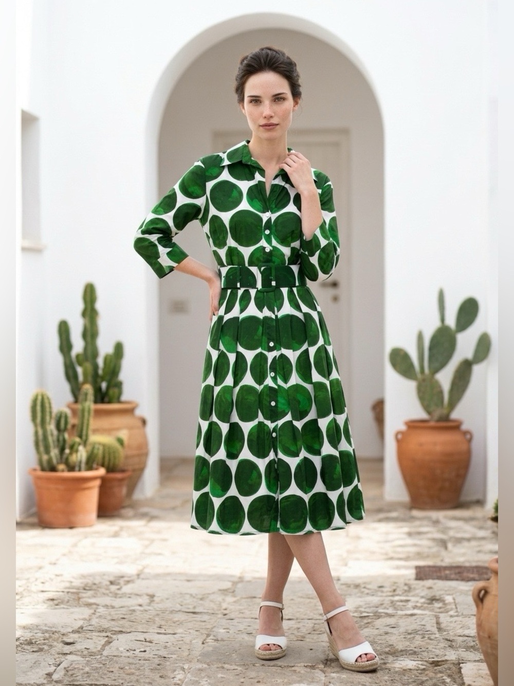 Samantha Sung Green Giant Polka Dot Dress, Size 10